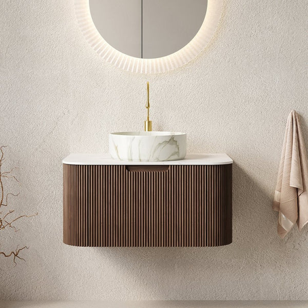 English Elm Muri Floating Bathroom Vanity Plywood Cabinet Sintered Stone Top Oak Drawer Walnut,White W2615S00413