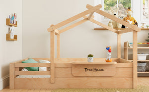 English Elm Twin Low Loft Bed Solid Pine Frame with Built-in Led Lighting and Storage Shelves Natural W1580P396333