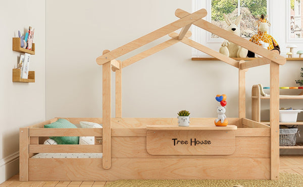 English Elm Twin Low Loft Bed Solid Pine Frame with Built-in Led Lighting and Storage Shelves Natural W1580P396333