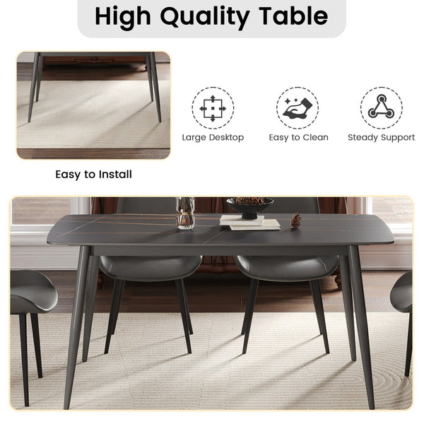 English Elm 62.99" Modern Artificial Stone Dining Table With Curved Black Top & Dark Grey Metal Legs For 6 Guests W1535S00507