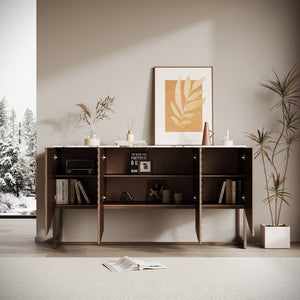 English Elm Unique Wave Relief Sideboard Buffet with Marble Top Four Door Living Dining Storage W2263P375694
