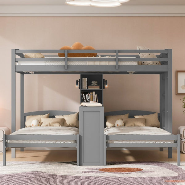 English Elm Twin Triple Bunk Bed with Built in Desk Open Shelving and Led Task Lighting Gray N7090002243E
