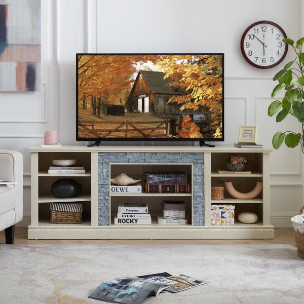 English Elm Large White Media Console with Faux Stone Surround and Enclosed Cabinet Storage W2275P389710