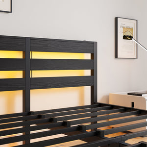 English Elm Queen Metal Bed Frame with Wooden Headboard, Built-In USB Charging, RGB App Lights, Storage Shelf, 10.6" Clearance, Noise-Free, Rustic Finish Black W840P209907