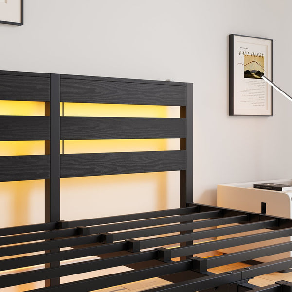English Elm Queen Metal Bed Frame with Wooden Headboard, Built-In USB Charging, RGB App Lights, Storage Shelf, 10.6" Clearance, Noise-Free, Rustic Finish Black W840P209907