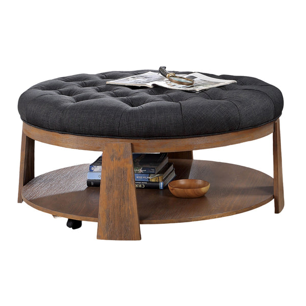 English Elm Wire-brushed Rustic Ottoman with Deep Button Tufting, Padded Linen-Like Seat & Open Shelf, 40¾" DIA Dark Gray 44 L x 44 W x 10 H B011P184967