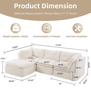 English Elm Modern Chenille Cloud Sectional with Ottoman Deep Sink Modular L Shaped Living Room Sofa Beige+White W2379S00001