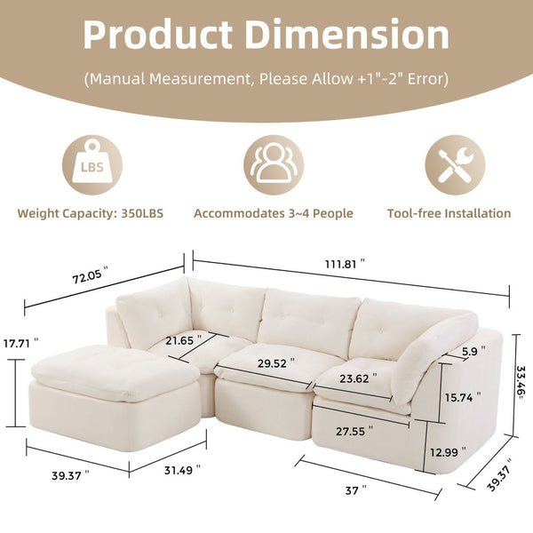 English Elm Modern Chenille Cloud Sectional with Ottoman Deep Sink Modular L Shaped Living Room Sofa Beige+White W2379S00001