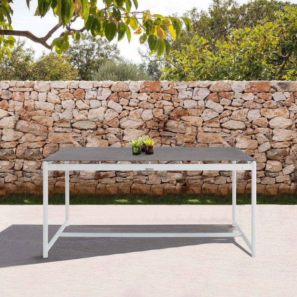 English Elm Wyncrest White Aluminum & Teak Outdoor Dining Table with Stone Top — Sturdy, Rust‑Resistant Patio centerpiece B2736P354346