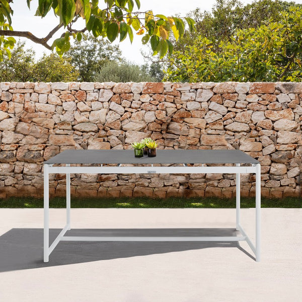 English Elm Wyncrest White Aluminum & Teak Outdoor Dining Table with Stone Top — Sturdy, Rust‑Resistant Patio centerpiece B2736P354346