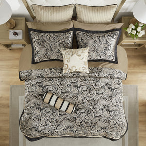English Elm 12 Madison Park Aubrey 12-Piece Queen Comforter Set Paisley Jacquard with 200TC Cotton Sheets, Gold Accents Black 12.8 L x 18.7 W x 13.98 H B035128820