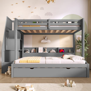 English Elm Twin Over Full Bunk Bed with Stair Drawers Shelves Led Lighting and Usb Port Grey N7090005013E