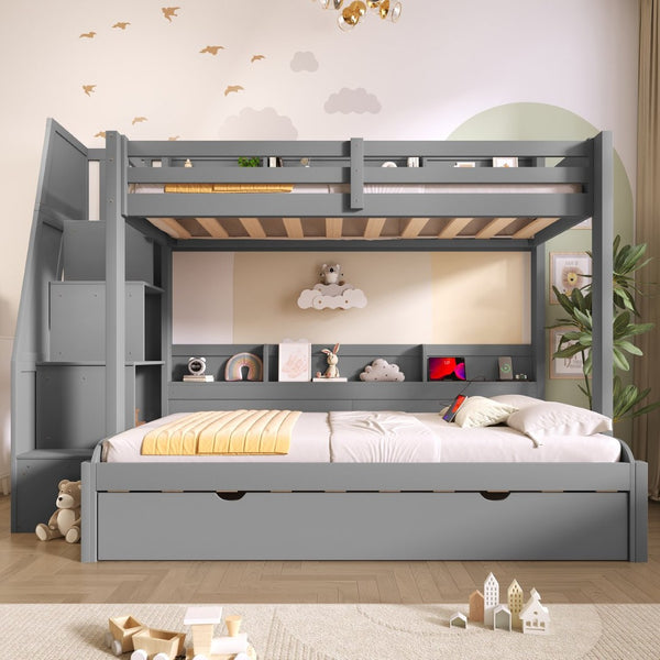English Elm Twin Over Full Bunk Bed with Stair Drawers Shelves Led Lighting and Usb Port Grey N7090005013E