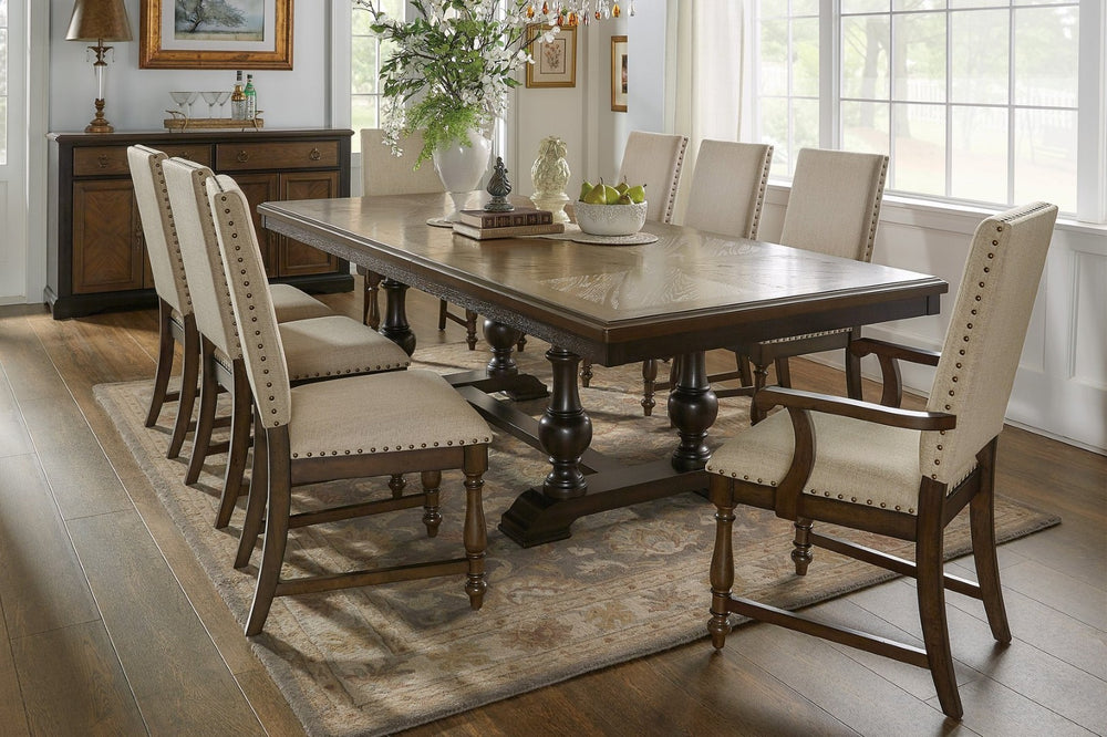 English Elm Traditional 9 Piece Formal Dining Set Oak Walnut Veneer Trestle Table Nailhead Chairs B011S00922