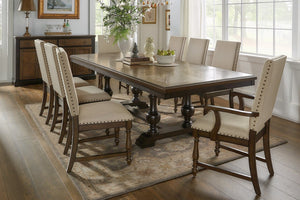 English Elm Traditional 9 Piece Formal Dining Set Oak Walnut Veneer Trestle Table Nailhead Chairs B011S00922