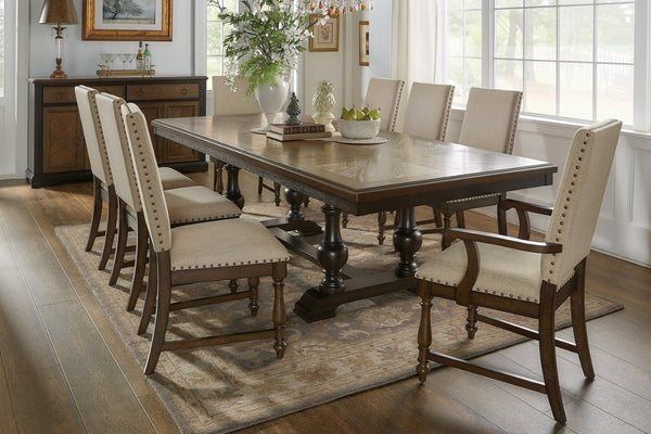 English Elm Traditional 9 Piece Formal Dining Set Oak Walnut Veneer Trestle Table Nailhead Chairs B011S00922