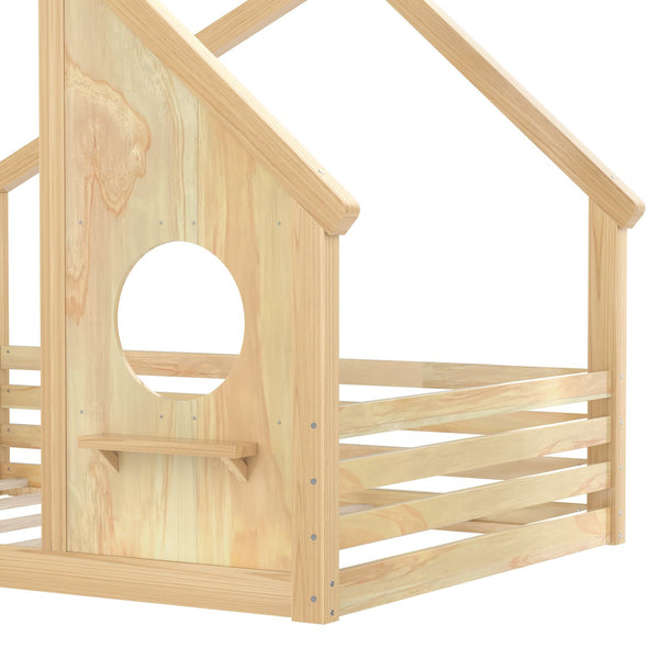 English Elm Full House Floor Bed with Roof Window and Shelf – Solid Pine Kids Loft-Style Low Bed, Durable Design Natural W1580P362703