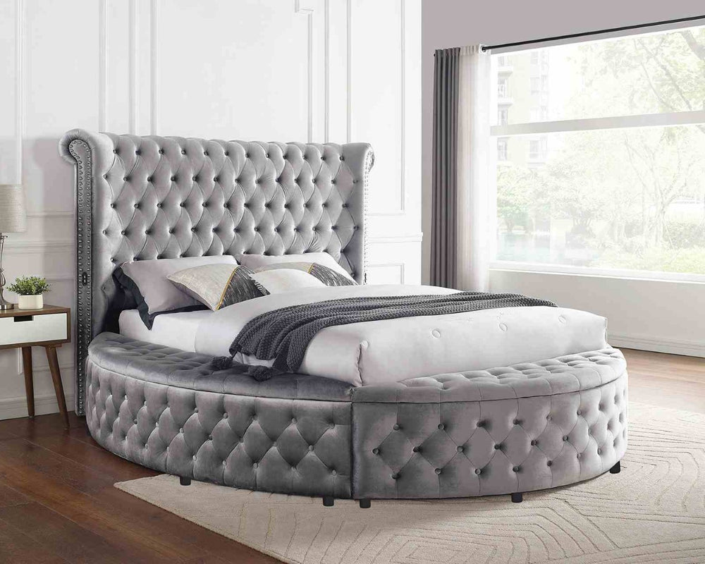 English Elm 1pc Glam Wingback Storage Bed Velvet Tufted Headboard with Usb Eastern King Gray B2741S00819