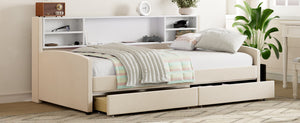 English Elm Twin Velvet Upholstered Platform Bed with Plush Headboard, Underbed Drawers & Hidden Cabinet Storage Beige SF000183AAA