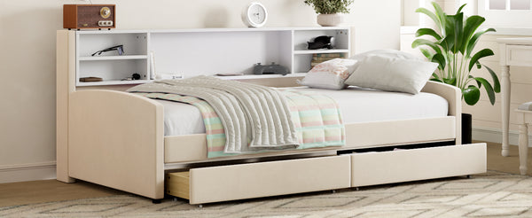 English Elm Twin Velvet Upholstered Platform Bed with Plush Headboard, Underbed Drawers & Hidden Cabinet Storage Beige SF000183AAA