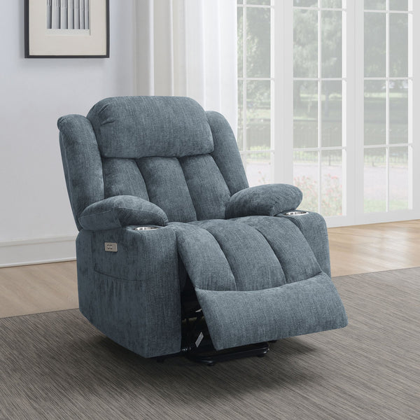 English Elm Beca Slate Blue Upholstered Power Lift Recliner with USB, Cupholders, Plush Channeling & Pillow Arms — Cozy Movie Night Comfort B062P378402