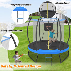English Elm 8ft Round Backyard Trampoline with Enclosure Net Basketball Hoop and Safety Ladder N739P307894C