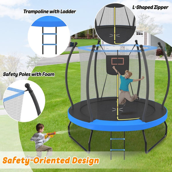 English Elm 8ft Round Backyard Trampoline with Enclosure Net Basketball Hoop and Safety Ladder N739P307894C