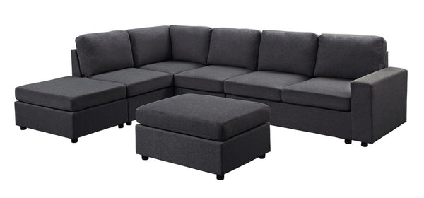 English Elm Cassiana Seven Seat Linen Modular Sectional with Ottoman for Open Living Spaces Dark Gray B2749S00047