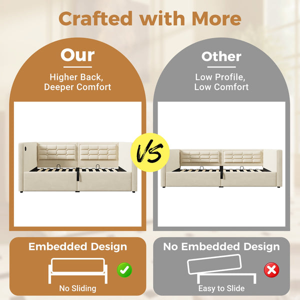 English Elm Upholstered Twin Daybed with Hydraulic Storage, Velvet Tufted Sofa Back, USB & Type-C Charging Port Beige N736P303402B