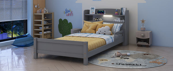 English Elm Twin Pine Wood Bed with Bookcase Headboard LED Motion Sensor Light Guardrails Ample Storage Space Grey W504P277595