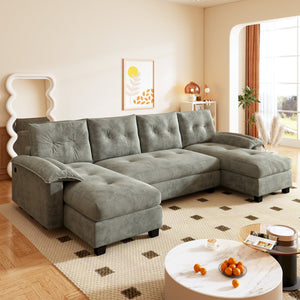 English Elm 104.7" U-Shaped Sleeper Sofa with Pull-Out Bed, Convertible Modular Sectional with Chaise, USB Ports, Chenille Upholstery LIGHT GREY W1885S00212