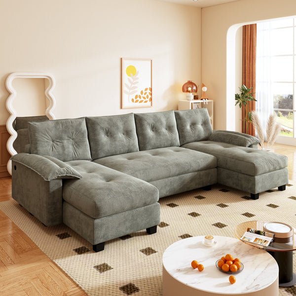 English Elm 104.7" U-Shaped Sleeper Sofa with Pull-Out Bed, Convertible Modular Sectional with Chaise, USB Ports, Chenille Upholstery LIGHT GREY W1885S00212