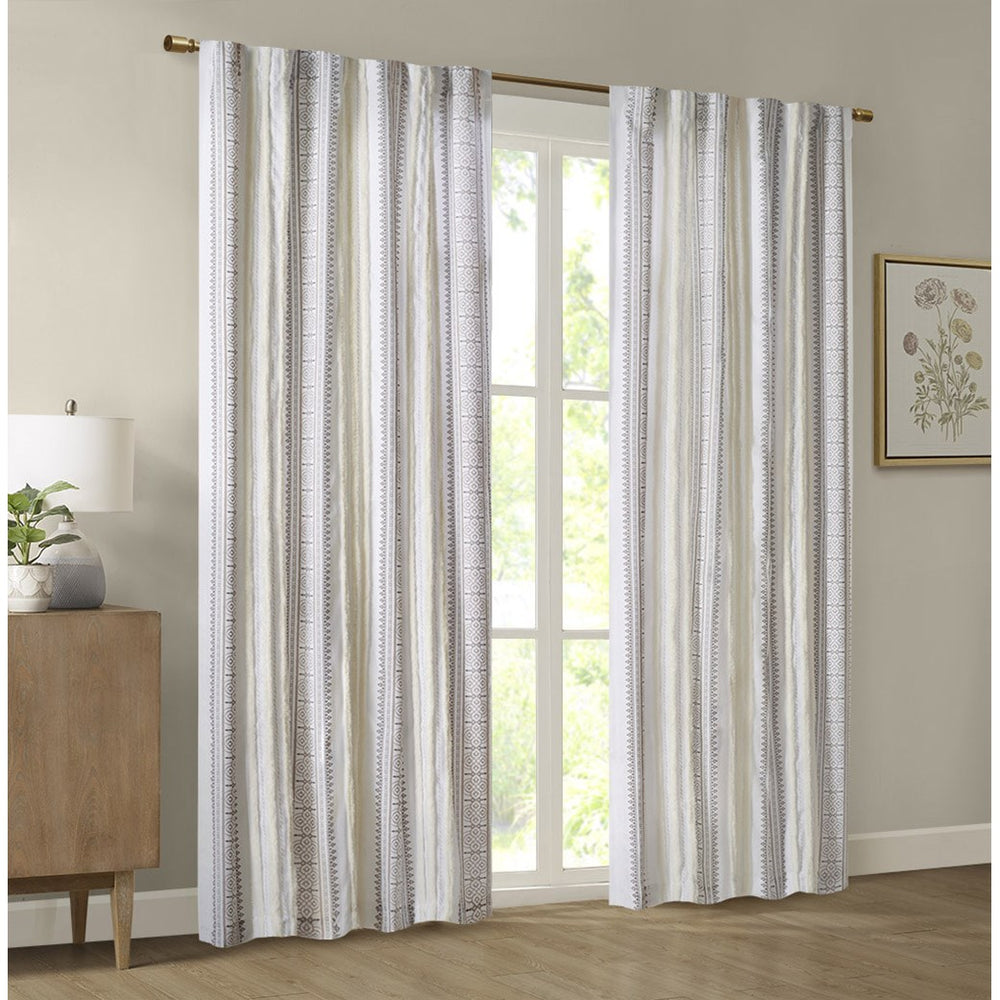 JLA Home Madison Park - Poly Samara Tufted Stripe Curtain Panel with Shu Velveteen Trim, Lined Light-Filtering Boho Chic Decor 84 L x 50 W x 0.13H MP40-8460