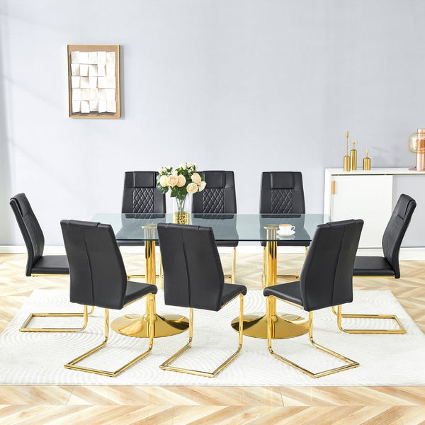English Elm Table and Chair Set 8 Seater Tempered Glass Top with Pu Leather Dining Room Furniture Black,Gold,Transparent W1151S04561