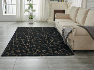 English Elm Luxury Plush Black Geometric Abstract Faux Fur Area Rug With Gold Accents - Machine Washable Comfort B030P233703