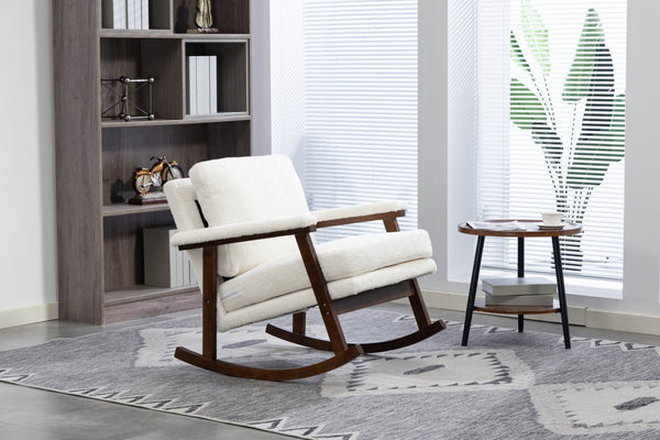 English Elm Mid Century Modern Rocking Chair Solid Wood Frame Upholstered Seat with Lumbar Cushion Antique White W2530P418996