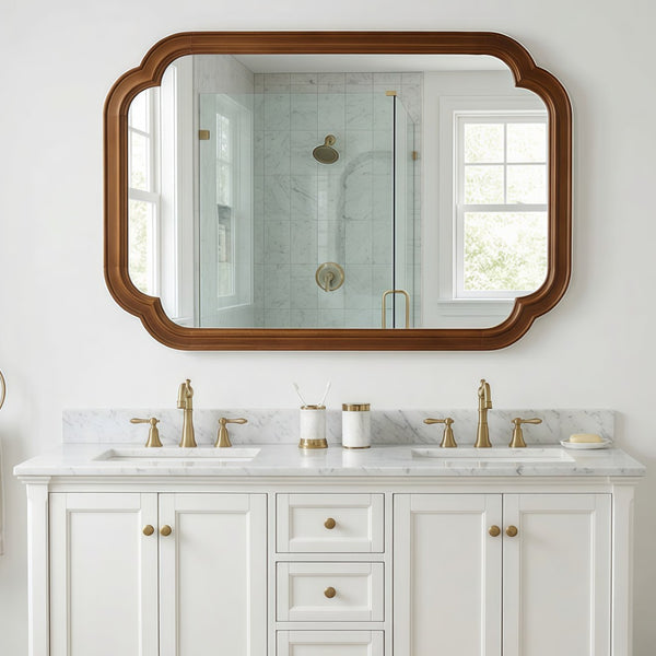 English Elm Black Walnut Solid Wood Frame Mirror with Rounded Corners for Bedroom or Entryway W2203P455260