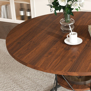 English Elm 43 Inch Expandable Round Dining Table Walnut Veneer Seats Six with Metal Storage Shelf Walnut+Black W2700P411580