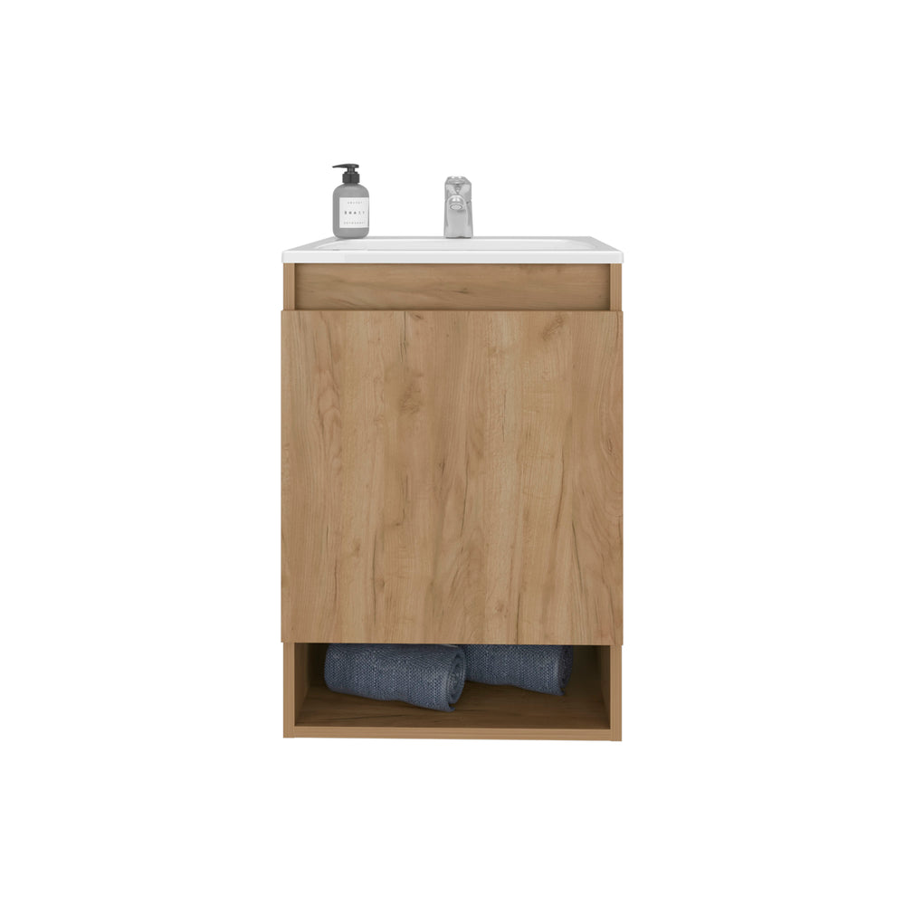 English Elm Wright Compact Wall-Mounted Bathroom Vanity with Integrated Sink, 2 Doors, Open Shelf, Oak Finish B128S00193