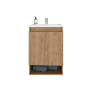English Elm Wright Compact Wall-Mounted Bathroom Vanity with Integrated Sink, 2 Doors, Open Shelf, Oak Finish B128S00193