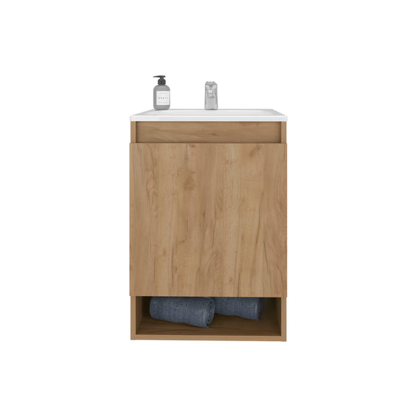 English Elm Wright Compact Wall-Mounted Bathroom Vanity with Integrated Sink, 2 Doors, Open Shelf, Oak Finish B128S00193