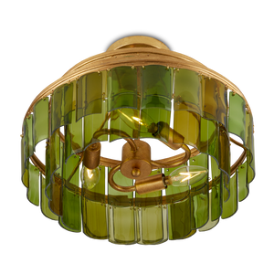 Vintner Green Semi-Flush Mount Light Fixture - Handmade Recycled Glass & Gold Leaf Finish Elegance