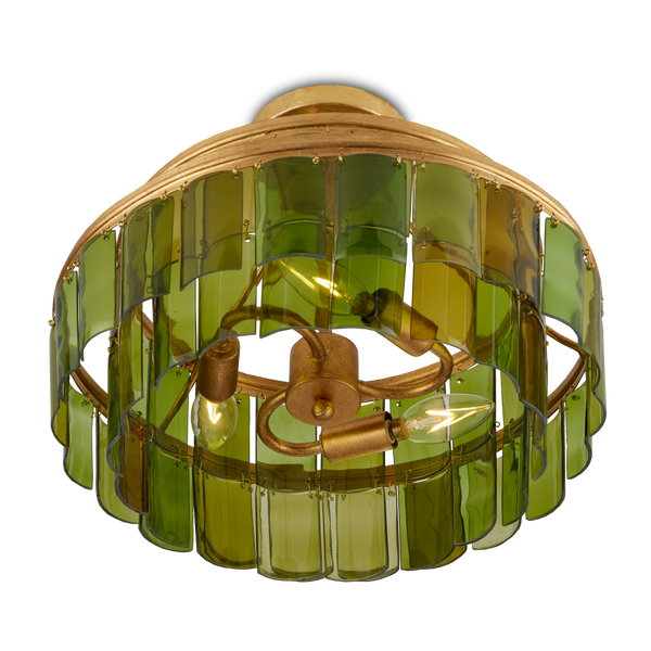 Vintner Green Semi-Flush Mount Light Fixture - Handmade Recycled Glass & Gold Leaf Finish Elegance