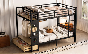 English Elm Full Metal Bunk Bed For Teens - Space-Saving Full Over Full Design With Storage Shelves & Drawers, Black W1580S00234