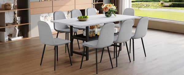 English Elm Table Set With 8 Light Gray Chairs - Modern 71" Dining Table With Hidden Storage For Minimalist Homes W1151S04262-GIGA
