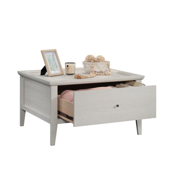 English Elm Coffee Table with Spacious Drawer and Open Shelf, Engineered Wood, Rustic-Modern Farmhouse Charm, Sturdy Design LIGHT GREY B356P354459