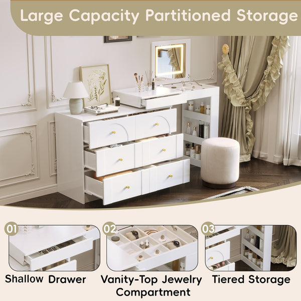 English Elm Vanity LED Mirror Desk with Flip-Top Dual Function, 7 Drawers & Multiple Shelves for Organized Glam White 32.28 L x 19.69 W x 8.86 H N733S363650K
