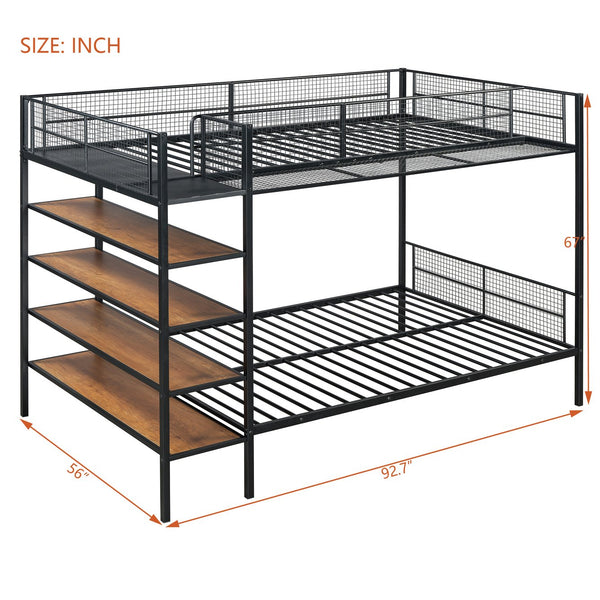 English Elm Twin Twin Over Full Metal Bunk Bed with 5-Tier Staircase Shelves, Space-Saving Storage & Wood Accents Black SF000175AAB