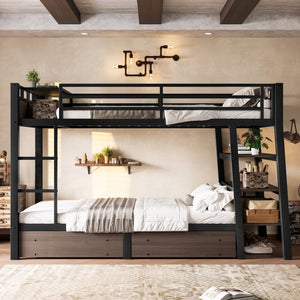 English Elm Full Size Metal Loft Bed with Stair Storage Shelves Bookshelf for Dorms Bedroom W1580S00346