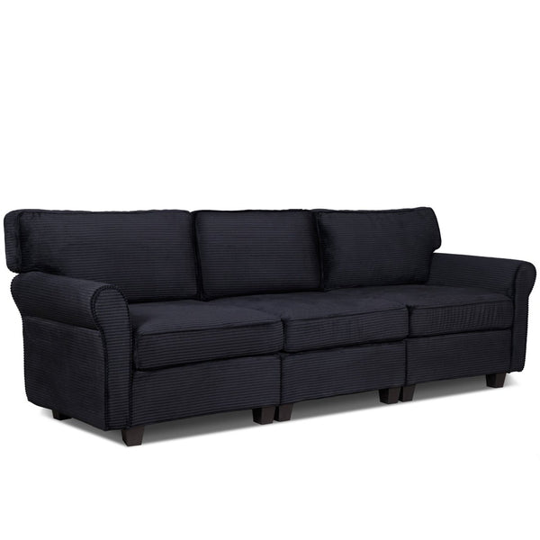 English Elm 94" Corduroy Three Seater Sofa Deep Cushioned Solid Wood Frame Modern Living Room Couch Black W2715S00008